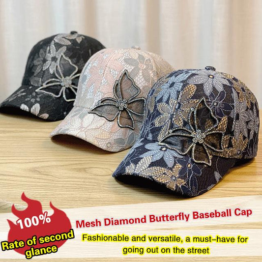 🦋 Mesh diamantová motýlí baseballová čepice – prodyšná, nastavitelná velikost a ideální pro lehký trendy vzhled ☀️