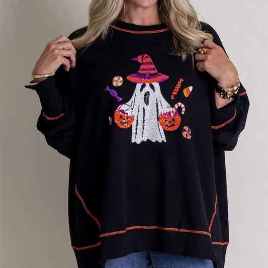 🥳 MODNA DAMSKA BLUZA Z CEKINAMI HALLOWEEN GHOST 👻