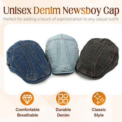 🍃 DOČASNÁ 50% SLEVA! 👒 Unisex džínová čepice newsboy – Nadčasová nastavitelná prodyšná 🍂