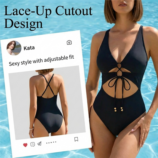 🩱Elöl fűzős, kivágásokkal díszített monokini fürdőruha🌴🌞