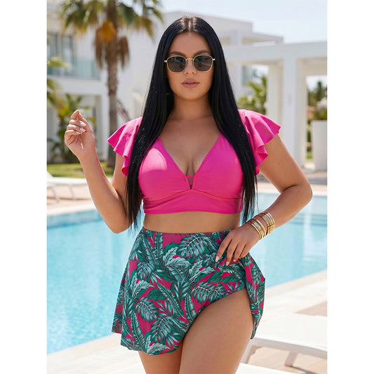 Dámské dvoudílné plavky s tropickým vzorem a sukýnkou